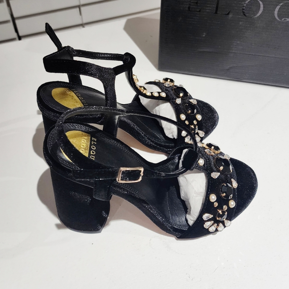 2FOR$30 - NIB Eloquii T-Strap 4" High Heeled Chucky Heel Velvet Beaded Shoes 10W - Picture 5 of 8